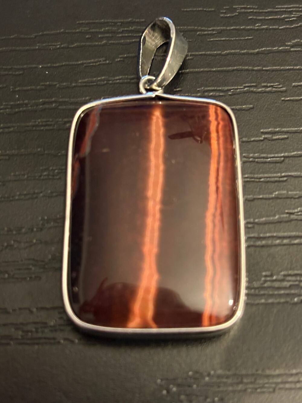 Vintage NOS Reddish Brown Rectangle Stone Pendant Silver Tone
